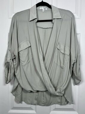 Lapis Wrap Blouse Sage Green Utility Top Roll Tab Sleeve XL